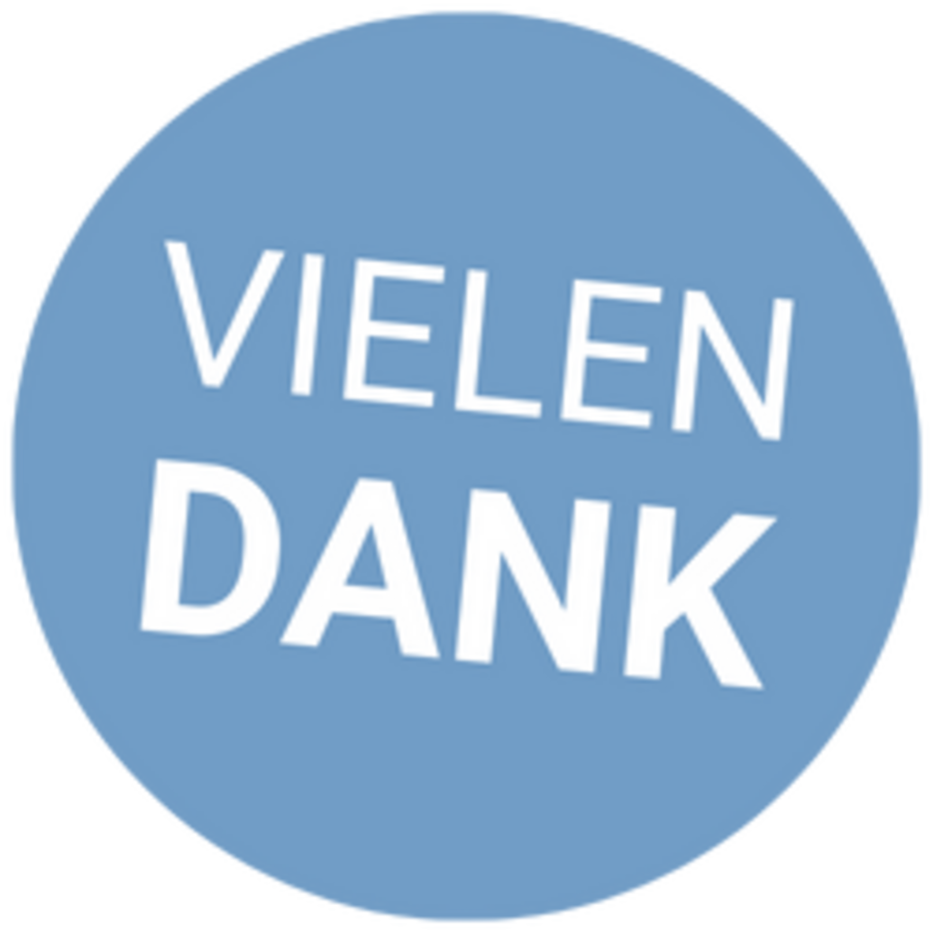 Hellblauer Kreis mit mit weißer Aufschrift in Großbuchstaben: VIELEN DANK