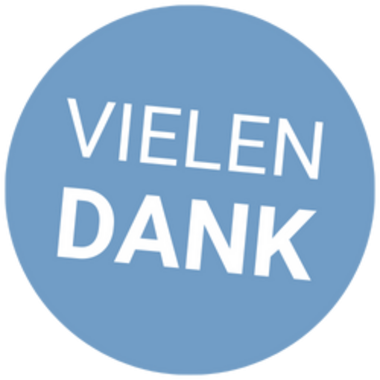 Hellblauer Kreis mit mit weißer Aufschrift in Großbuchstaben: VIELEN DANK
